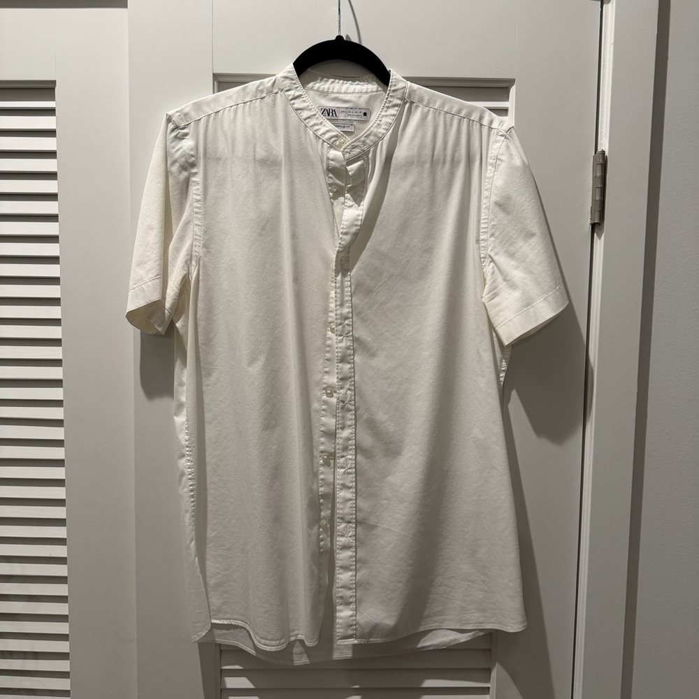 Zara White Band Collar Short Sleeve Shirt